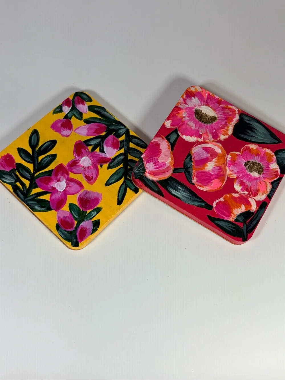 Hand-Painted Floral Leather Coasters - Pink & Yellow